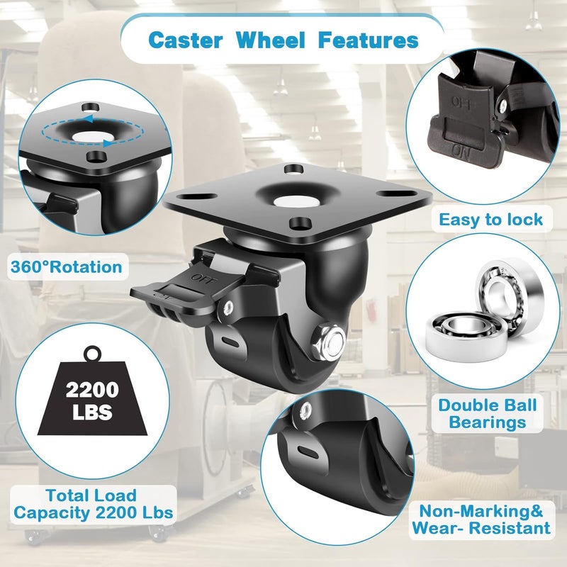 Nefish 2-Inch Heavy Duty Casters Set of 4, Industrial Grade Castors Wheels 2200 LBS, Low Gravity Plate Swivel Caster with Brake, Durable & Corrosion-Resistant Nylon Wheels for Industrial, Equipment - Image 5